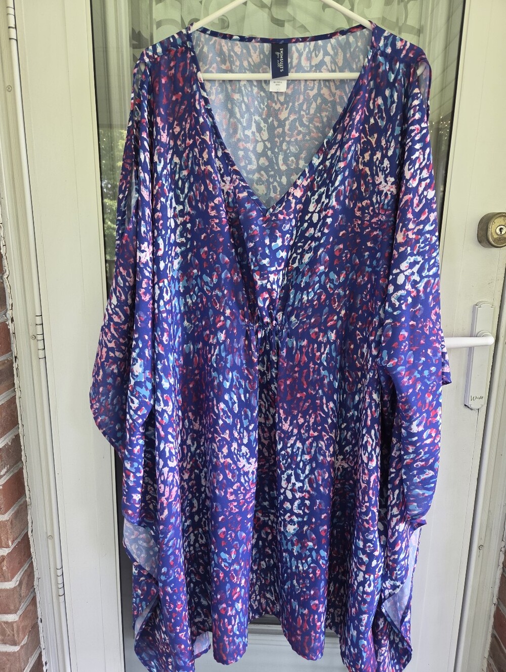 Corlorful Indigo, Pink, Teal, And White Abstract V-Neck Kimono Swim Coverup.